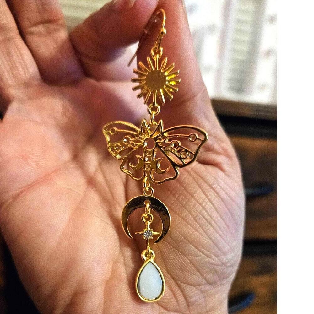 New Crystal Butterfly Gold Quartz Dangle‎ Earrings Stone Boho Rave Faerie Opal - Picture 2 of 3